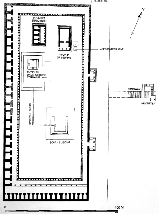 <ul><li><p>a major temple complex dedicated to the god Serapis (a syncretic Greco-Egyptian deity) in Alexandria, Egypt</p></li><li><p>Serapis was a combination of the Egyptian gods Osiris and Apis</p></li><li><p>bridges cultures under the Ptolemaic and Roman empires</p></li></ul><p></p>