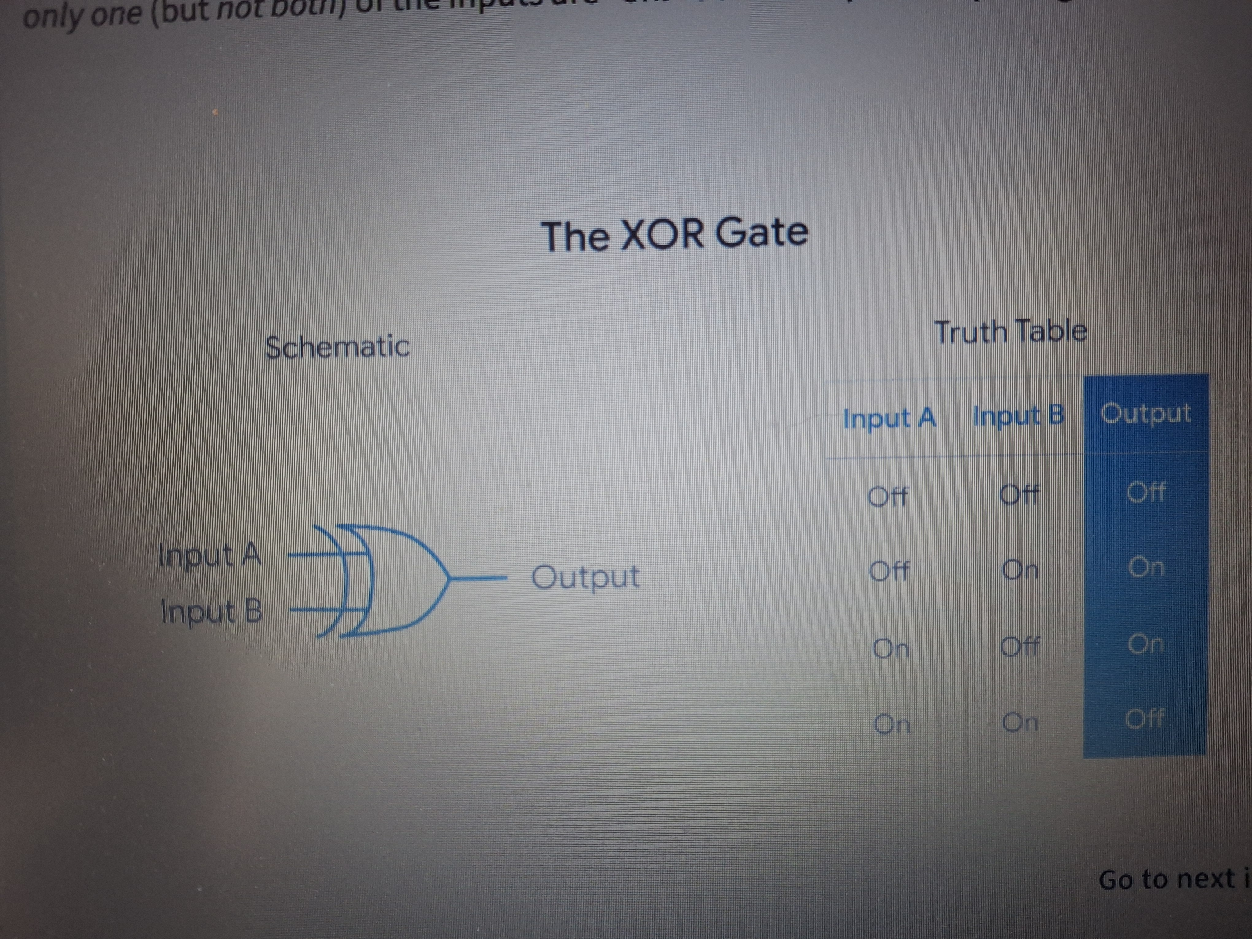 <p>A logic gate that outputs “on” whenever only one signal is “on”. Otherwise the output will be “off”.</p>