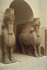 <p>Form:</p><p>- alabaster</p><p>-limestone </p><p>Content:</p><p>-god-like figures</p><p>-animal body, human head</p><p>-5 legs</p><p>Function;</p><p>-support doorways of Assyrian palaces</p><p>-intimidate those who enter</p><p>Context:</p><p>- from the citadel of Sargon II (modern day Iraq)</p><p>- 720-705 BCE</p><p>-Sumerian</p>