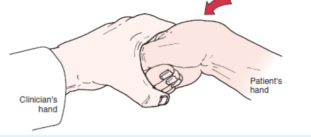 <ul><li><p><span>PURPOSE- Determine the presence of de Quervain disease, a paratenonitis in the thumb</span></p></li><li><p><span>DESCRIPTION- The patient makes a fist with the thumb inside the fingers. The examiner stabilizes the forearm and deviates the wrist toward the ulnar side.</span></p></li><li><p><span>RESULT- Pain over the abductor pollicis longus and extensor pollicis brevis tendons at the wrist and is indicative of a paratenonitis of these two tendons.</span></p></li></ul><p></p>