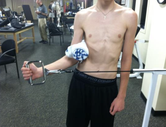 <p>Shoulder external rotation in 0° abduction with the elbow at the side and flexed 90° and resistance applied at the wrist. ER has similar activity at 0°, 45°, and 90°, but 0° is the best position to isolate and may offer less chance of impingement.</p>