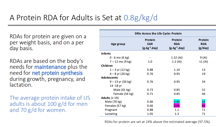 <p>maintenance plus the need for net protein synthesis during growth, pregnancy, and lactation.</p>