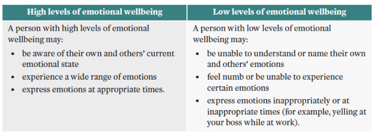 <p><span style="line-height: 115%;">Regulation of emotions, ability to process the emotions at suitable times and understanding other emotions, displayed through empathy. Negative emotions can be felt by those with strong emotional wellbeing – however, it is the ability to effectively manage these emotions appropriately. </span></p>