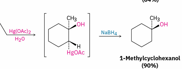 <p>(markovnikov)</p><ol><li><p>Hg(OAc)<sub>2</sub>, H<sub>2</sub>O</p></li><li><p>NaBH<sub>4</sub></p></li></ol><p></p>