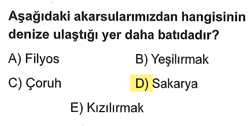 <p>Nehirlerin denize döküldüğü yerleri doğudan batıya sıralarsak: Çoruh (En Doğu) -> Yeşilırmak -> Kızılırmak -> Filyos -> Sakarya (En Batı).</p>