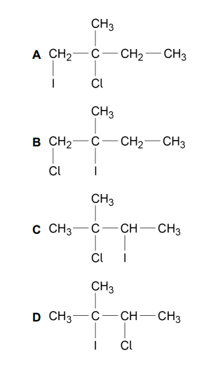 <p>Which is the major product of the reaction between 2-methylbut-2-ene and iodine monochloride (ICl)? (1) </p>