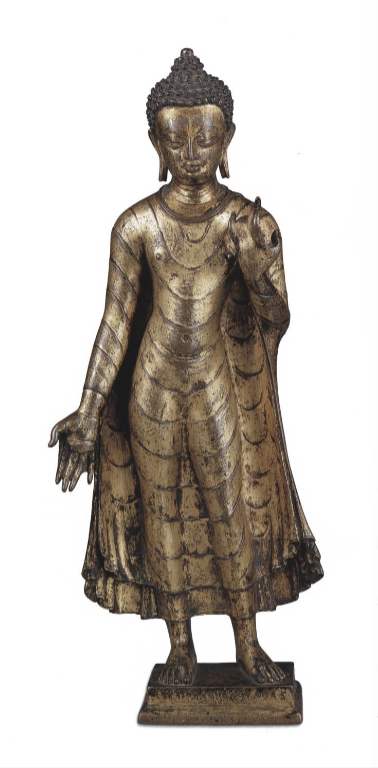 <ul><li><p><span style="background-color: transparent;">Elongated torso</span></p></li><li><p><span style="background-color: transparent;">Ovular eyes with third line at corner (in contrast with east Indian seagull eyes)</span></p></li><li><p><span style="background-color: transparent;">Wide foreheads (in contrast with ovular east Indian heads)</span></p></li><li><p><span style="background-color: transparent;">Less saturated color palettes</span></p></li><li><p><span style="background-color: transparent;">U-shaped drapery on clothing</span></p></li></ul><p></p>