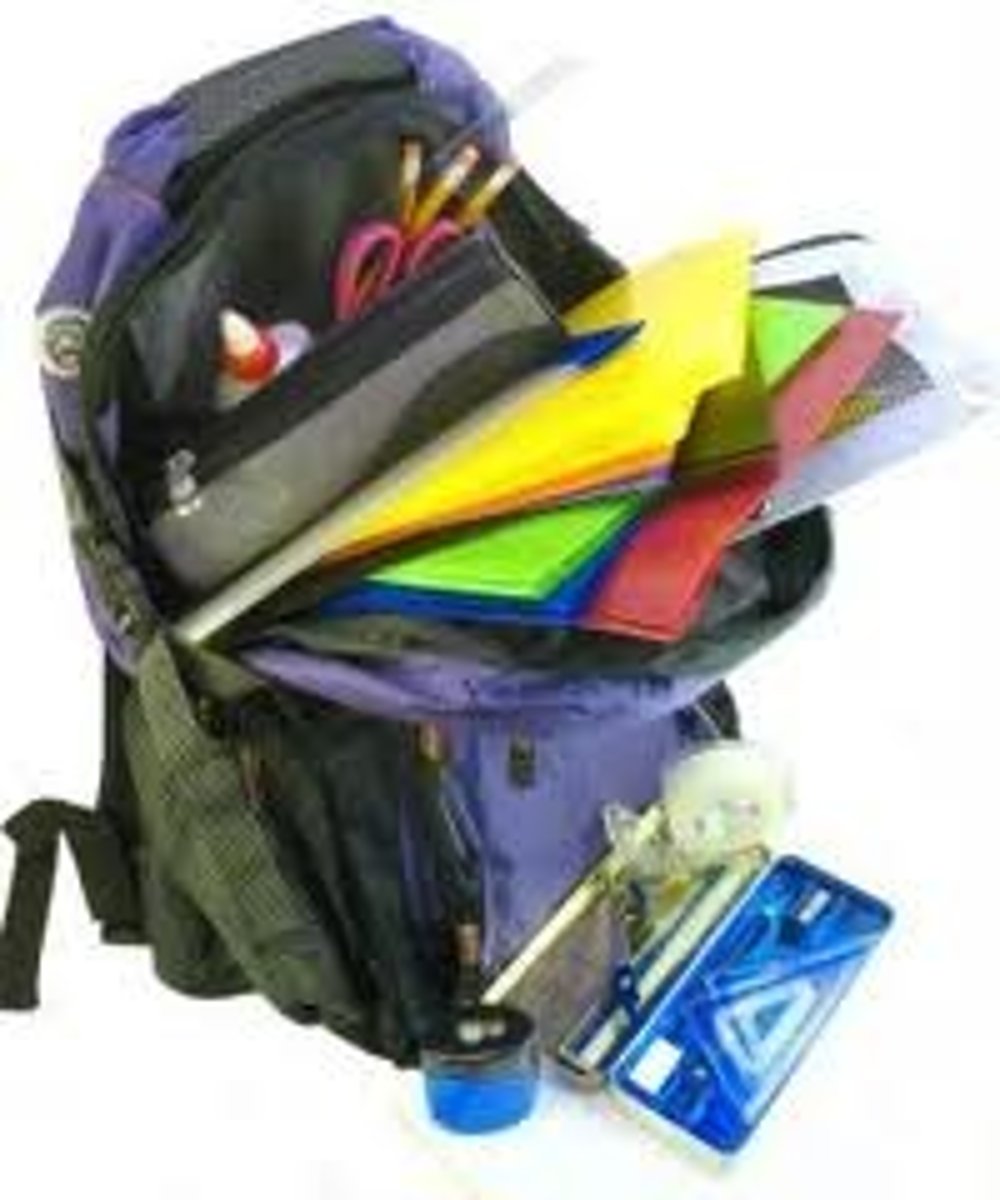 <p>where does he carry/have school supplies?</p>