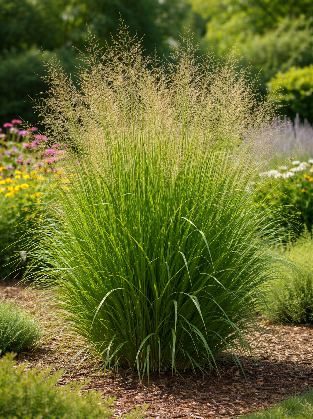 <p>Panicum virgatum</p><p>upright, clump forming, grass. long alternate narrow flat blue green leaves. branched panicle, tiny flowers. fruits called caryopsis grain like seed. upright stiff stems. seeds eaten by birds and small mammals. Dense stems provide cover. </p>