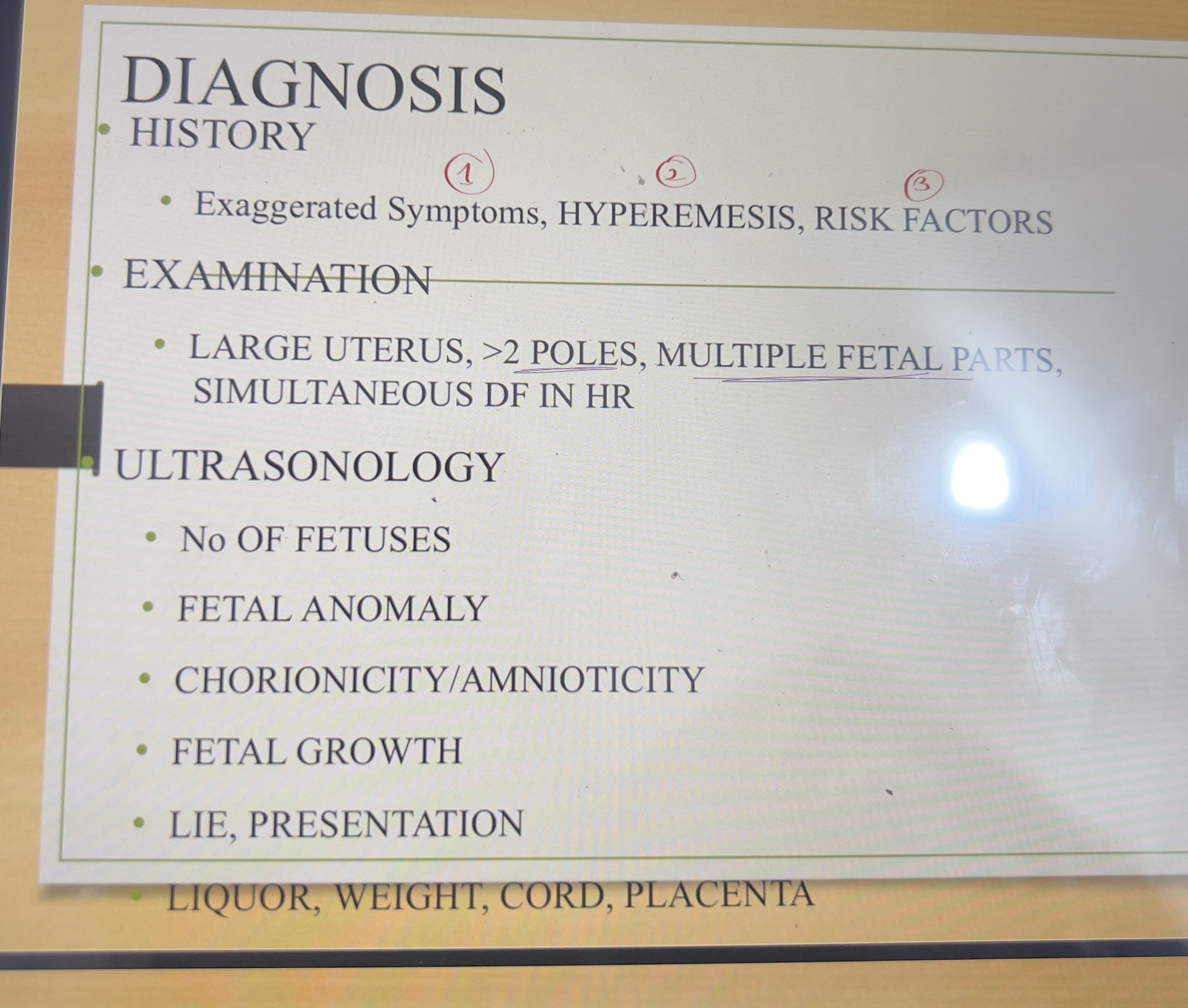 <p>Hx: excessive fetal movement, presence of RFs, maternal family hx</p><p></p><p>Exam:barrel shaped uterus, large for date, more than two fetal poles, palpation of multiple fetal</p><p>Parts , two diff heart sounds at seperate spots with silent area between them</p><p></p><p></p><p></p>