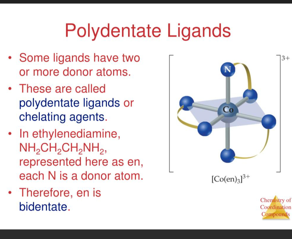 <p><strong>Polydentate ligands are molecules or ions that can bind to a central metal atom or ion through multiple donor atoms</strong></p><p>A <strong>polydentate ligand binds to a metal at multiple points at the same time</strong></p>