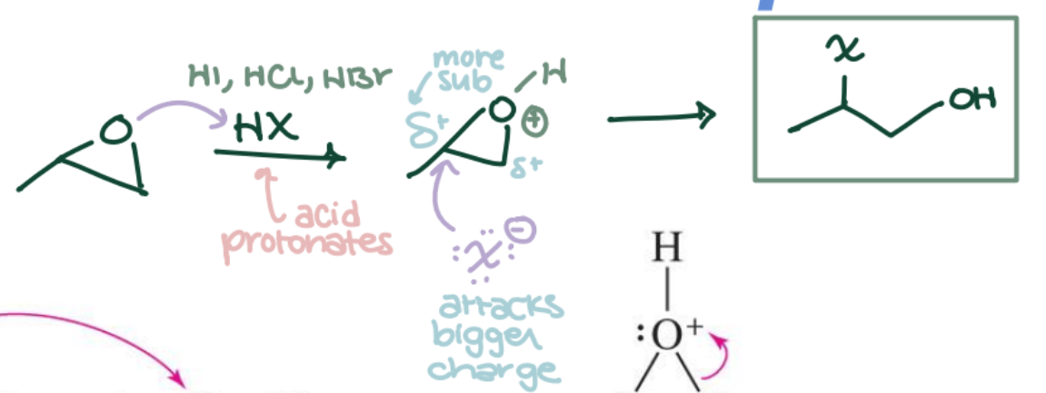 <p>Epoxide → Halohydrin (anti, trans) using HBr or HCl. Markovnikov regiochemistry; anti stereochemistry.</p>
