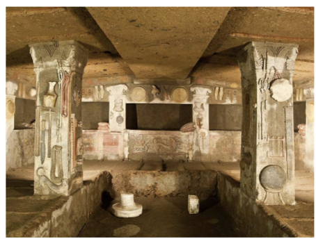 <p>Contains sculptural reliefs which depict implements of daily life and also mythology, such as Cerberus (3 headed dog of the underworld)</p>