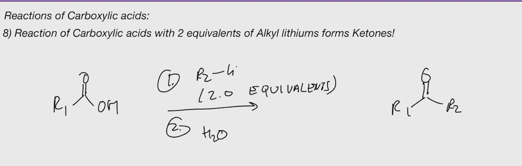 <p>carboxlylic acid to ketone</p>