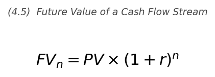 <p>FV_n = PV \times (1+r)^n</p>