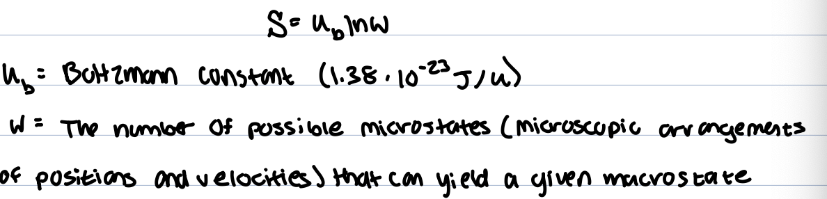 <p>thermodynamic property that quantifies degree of molecular disorder or randomness within a system </p><p>Boltzmann equation- </p><p>the lattice game model- a 4×4 vertical lattice grid containing 4 identical particles demonstrates that uniform, spread out configurations possess a significantly higher count of micro states (W) than highly organized configurations, systems naturally progress towards these disordered macro states simply because they are statistically the most probable arrangements </p>