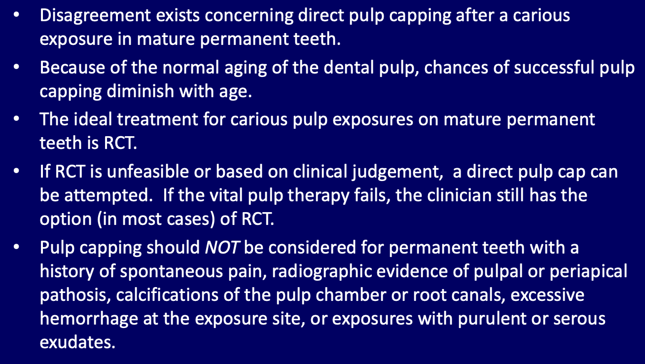 <p>When might a direct pulp cap still be attempted in a mature tooth with carious exposure?</p>