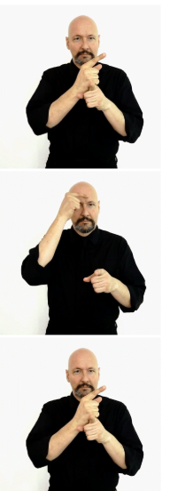 <p>“g” or sideways “l” on forehead and moves to non dom hand sideways “l’ dom on top of non dom</p>