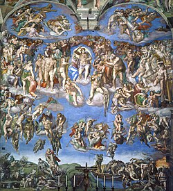 <p>1536-1541, fresco, depicts second coming of Christ, intended to show Catholic church’s power and divine justice. traditional composition, rigid tiered layouts, depicting motion, seperation of the blessed and damned.  heaven and hell being depicted </p>