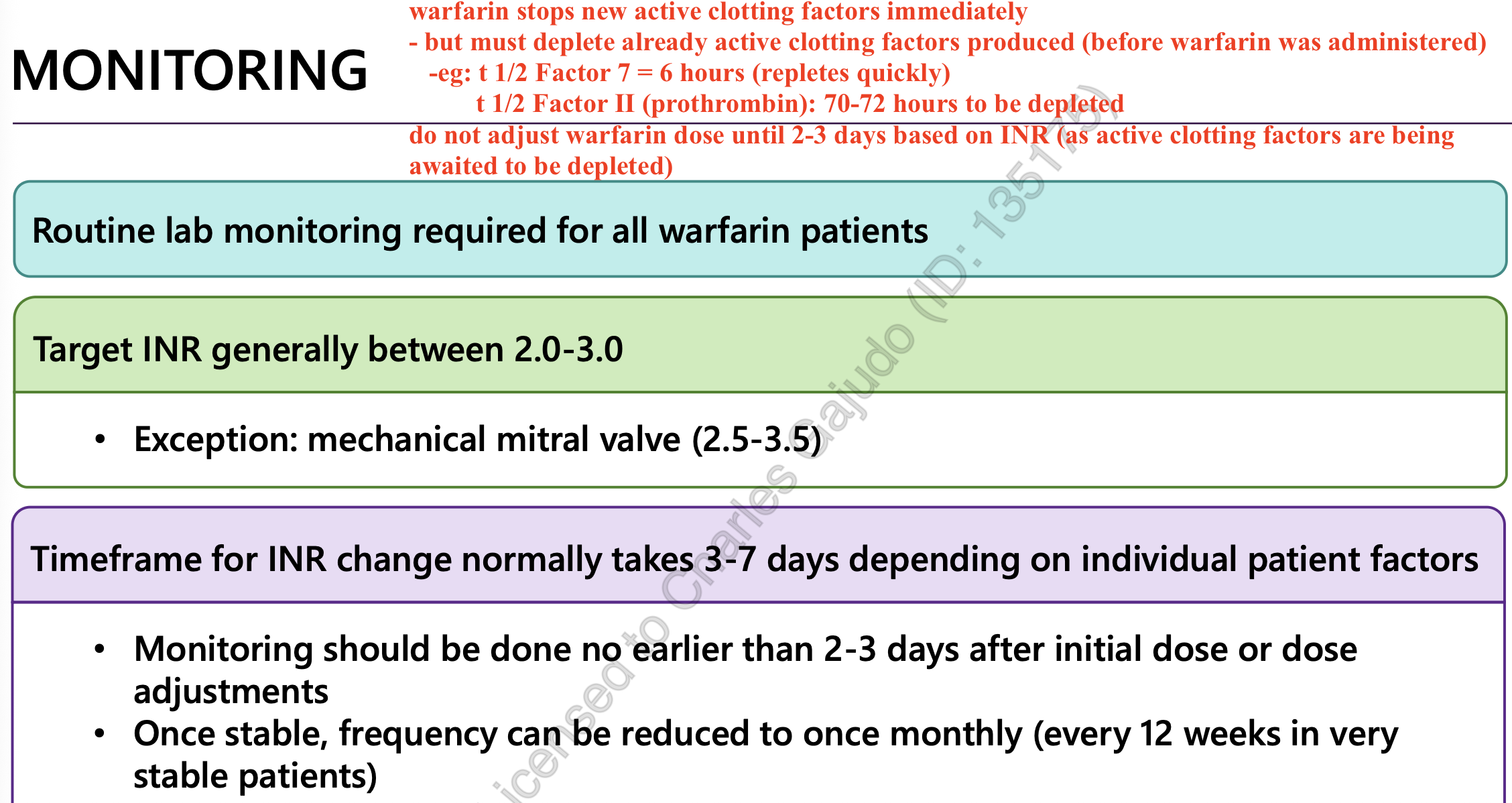 <p>INR 2.0 to 3.0 </p><p></p><p>INR full effect in 3-7 days</p><ul><li><p>don’t adjust dose earlier than 2-3 days….waiting until prothrombin (clot factor 2) is depleted due to long t/2 72 hours</p></li></ul><p></p><p></p>