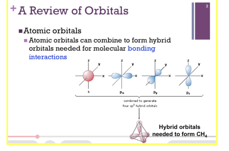 <p><span style="background-color: transparent;">HYBRID ORBITALS needed to form methane (CH4). FOUR CH bonds so FOUR hybrid orbitals. All same. FOUR BONDS, so our shape is TETRAHEDRAL.&nbsp;</span></p><p><span style="background-color: transparent;">Types of bonds we see in biological systems. Start = with strongest to weakest. Strongest = covalent bond. Atomic orbitals are CLOSE ENOUGH to overlap (that’s the proximity feature AND MUST BE properly oriented).&nbsp;</span></p><p><br></p>