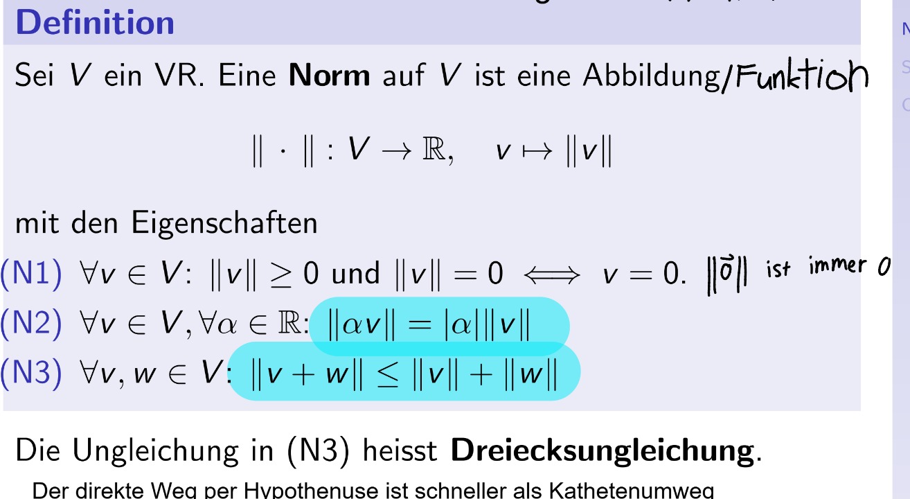 <p>Eine Norm ist ein Funktion oder ein Abbildung eines Vektors. Die Norm gibt immer einen positiven Wert aus.</p>