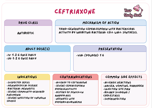 <p>Antibiotic - Third-generation cephalosporin with bactericidal activity that inhibits bacterial cell wall synthesis; indicated for sepsis and meningitis.</p>
