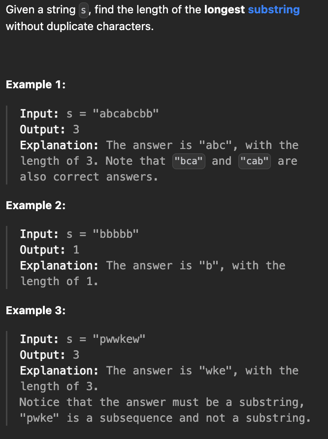 <p><strong>Longest Substring Without Repeating Characters</strong></p>
