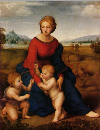 <p>Raphael, oil on panel, 1505</p><p>-High Renaissance ideal of harmony, clarity, and balanced composition, especially in how religious subjects are made calm, human, and perfectly structured.</p><p>-A shift toward gentle, humanized religious imagery</p><p>-The influence of Leonardo refined into clarity</p>