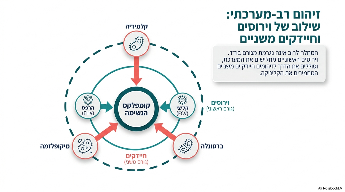 <p><span>הקומפלקס מורכב משילוב של נגיפים (וירוסים) ופתוגנים חיידקיים משניים:</span></p><ul><li><p><strong>נגיפים (פתוגנים מרכזיים):</strong></p><ol><li><p><strong>וירוס ההרפס</strong>.</p></li><li><p><strong>וירוס הקליצי</strong>.</p></li><li><p><strong>וירוס השפעת</strong> (תחת סימן שאלה).</p></li></ol></li><li><p><strong>חיידקים (המשמשים בעיקר כגורמים משניים):</strong> 4. <strong>קלמידיה</strong>. 5. <strong>ברטונלה</strong>. 6. <strong>מיקופלזמה</strong>.</p></li></ul><p></p>