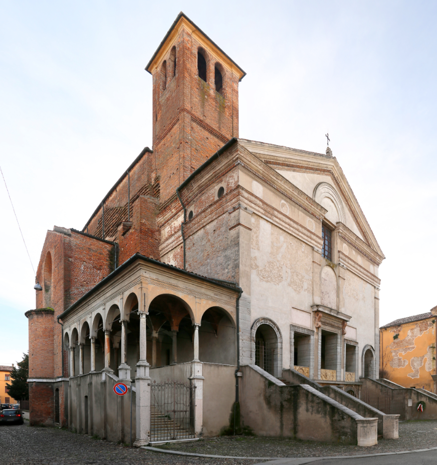 <p>san sebastiano in mantua</p><p>1460</p><p>alberti</p><p>double staircase, round arches, and sort-of grid layot → renaissance</p>