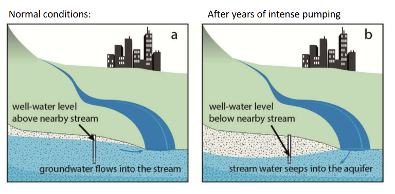 <p><strong>Losing stream: </strong>water table can be lower than rivers in Western US due to intense pumping (ie the inverse of natural situation)</p>