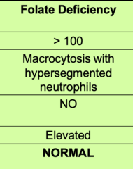<p>MCV > 100, folate < 2, hypersegmented neutrophils, elevated homocysteine level (confirmatory)</p>