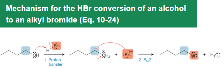 <p>Strong acids protonate alcohols to convert OH into water, a good leaving group, enabling substitution or elimination reactions without altering the carbon skeleton.</p>
