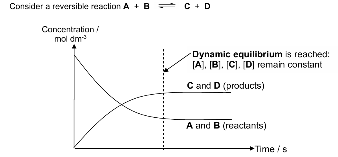 <ul><li><p>at t = 0, there is no C and D ⇒ rate of backward reaction is zero</p></li><li><p>as the reaction proceeds, [C] and [D] increases ⇒ rate of backward reaction increases + [A] and [B] decreases ⇒ rate of forward reaction decreases</p></li><li><p>after some time, a state will be reached when C and D is used up as soon as they are formed:</p><ul><li><p>rate of forward reaction = rate of backward reaction</p></li><li><p>no further changes in [A], [B], [C], and [D]</p></li><li><p>the reaction has reached a state of dynamic equilibrium ⇒ substances, A &amp; B and C &amp; D, are still reacting together although the concentrations of reactants and products<br>remain constant (reaction is still proceeding)</p></li></ul></li></ul><p></p>