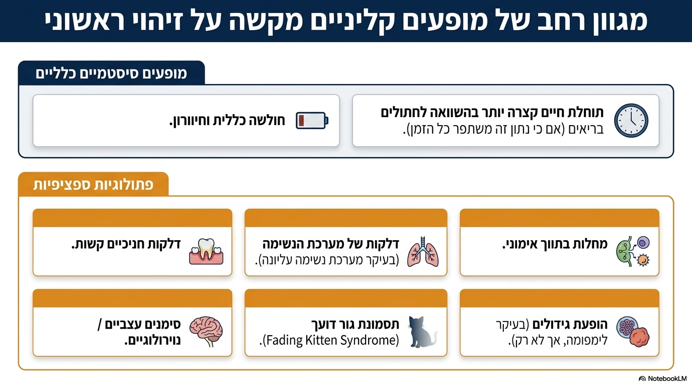 <ul><li><p><strong>סימנים קליניים כלליים:</strong> חולשה, חיוורון, דלקות חניכיים, דלקות של מערכת הנשימה (בעיקר העליונה), מחלות בתיווך אימוני, בעיות עצביות, תסמונת הגור הדועך וקיצור תוחלת החיים הכללית.</p></li><li><p><strong>גידולים:</strong> התפתחות גידולים (בעיקר לימפומה, אך לא רק).</p></li><li><p><strong>חריגות במערכת הדם והחיסון:</strong></p><ul><li><p><strong>דיכוי חיסוני קשה</strong>.</p></li><li><p><strong>בעיות המטולוגיות:</strong> אנמיה המאופיינת בכדוריות דם אדומות גדולות ולא נורמליות (מאקרוציטוזיס), ומגוון אבנורמליות קשות בכל שאר סוגי תאי הדם.</p></li></ul></li></ul><p></p>