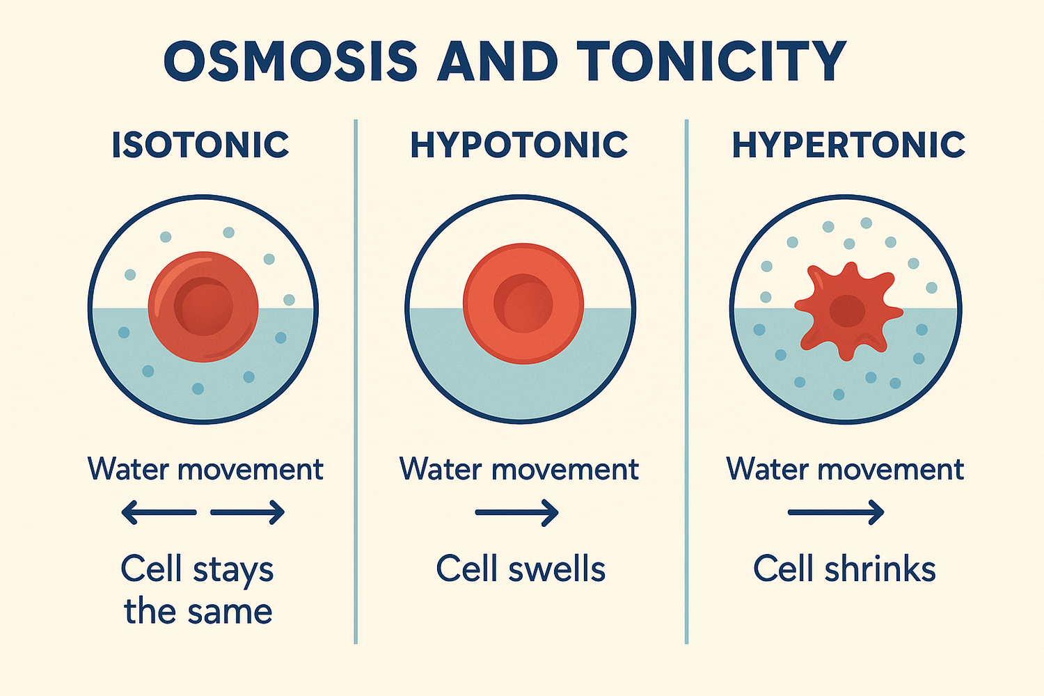 <p>simple diffusion of WATER</p><p>easily crosses the plasma membrane</p><p>hypertonic: water leaves the cell, cell shrinks</p><p>isotonic: water is at equilibrium</p><p>hypotonic: water enters the cell, cell swells</p>