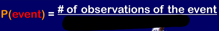 <p><strong><em>Calculating Probabilties </em></strong></p><ul><li><p>P(event) = # of observations of the event / _________</p></li></ul><p>Ex:<strong> tobiano spotting</strong> → spotted horse where typically white appears across the black and all four legs </p>