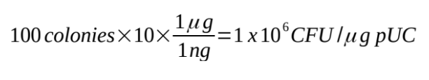 <ul><li><p>since counting 1 × 10<sup>6</sup> - 1 × 10<sup>8 </sup>colonies is impractical, we transform with a much smaller mass of pUC19 and plate only a fraction of the resulting transformation (e.g. 1/10)</p></li><li><p>in this figure, if the plating gave rise to 100 colonies, we would calculate the transformation efficiency to be…</p></li></ul><p></p>
