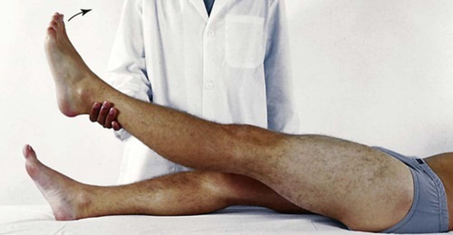 <p>"Lasègue test"</p><p>tests for herniated disc</p><p>raise affected leg just short of where produces pain, then dorsiflex foot</p><p>produces sciatic pain in a positive test</p>