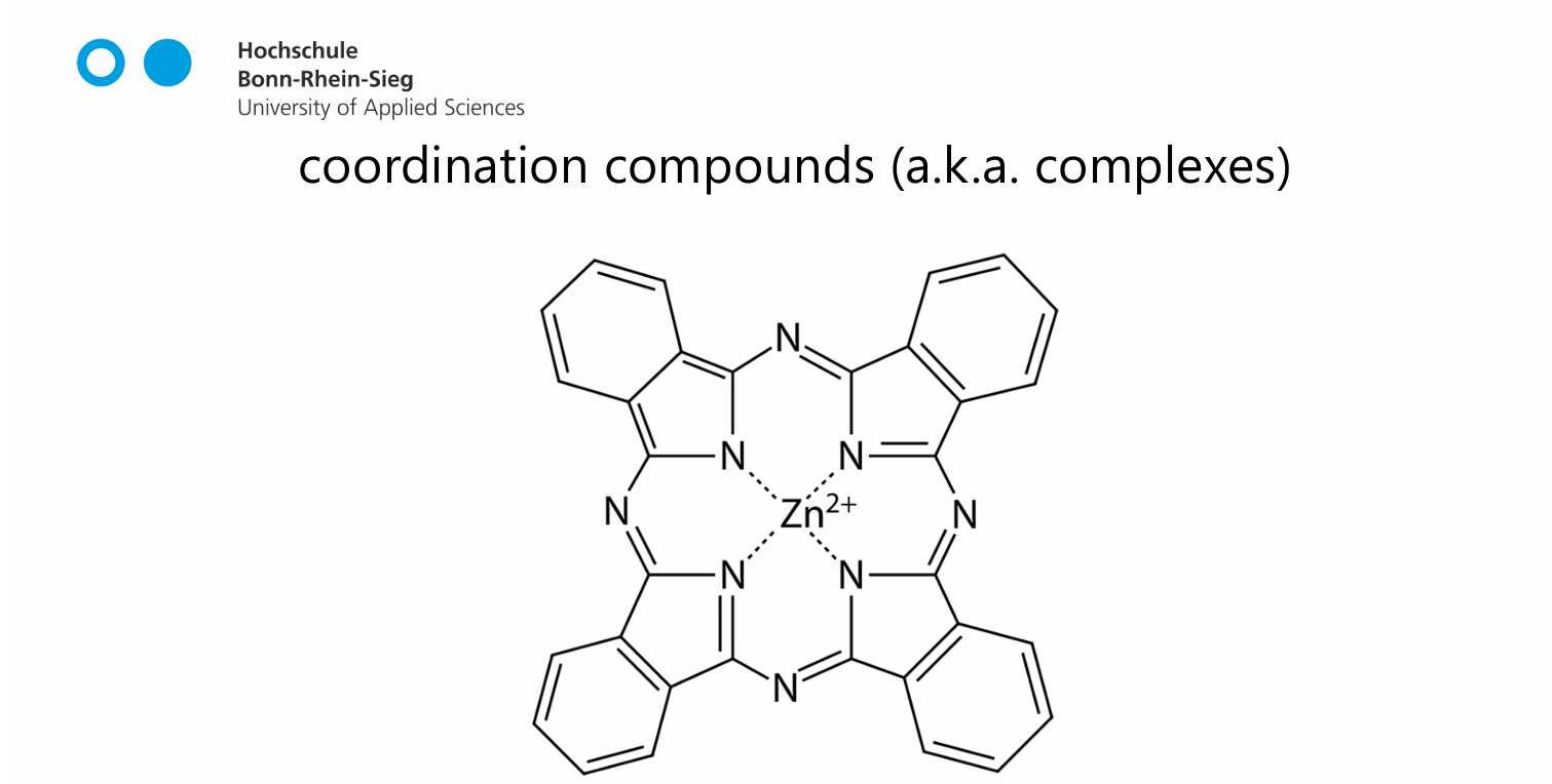 <p><strong>a central metal atom is surrounded by nonmetal atoms or groups of atoms, called ligands</strong></p>