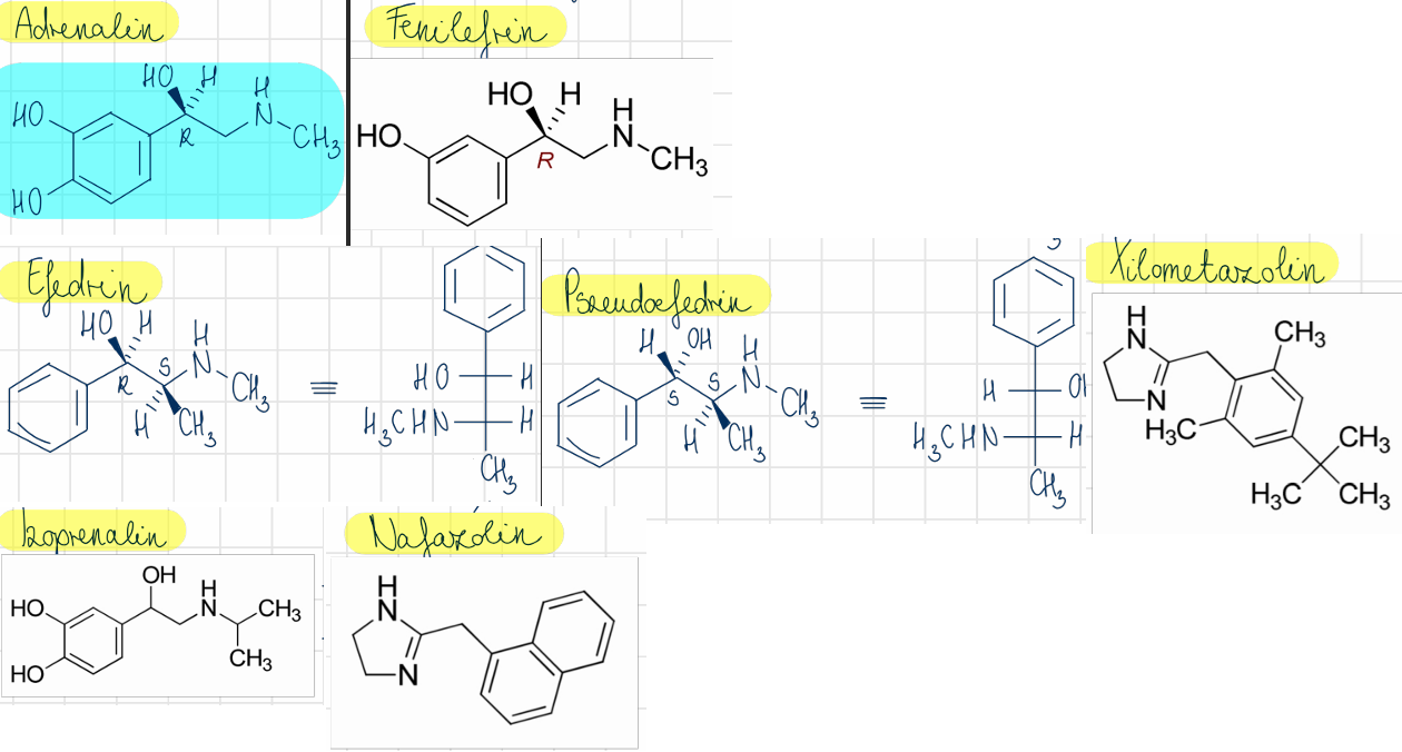 <p>adrenalin (Anapen, Tonogen) <br>izoprenalin <br>efedrin (Epherit) <br>pszeudoefedrin <br>fenilefrin <br>nafazolin <br>xilometazolin (Novorin)</p>