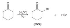 <p>Br attaches to alpha position of ketone/aldehyde</p><p>cannot attach more</p><p>(alpha halogenation)</p>