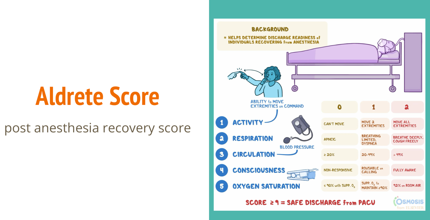 <p>assesses post-anesthesia recovery across 5 categories (0–2 each; total 0–10): Activity, Respiration, Circulation (BP vs. baseline), Consciousness, and Oxygen saturation. A score ≥9 generally supports PACU discharge, alongside clinical stability and facility criteria.</p>