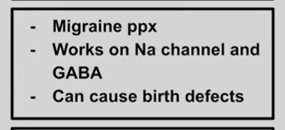 <p>vALPROic acid<br><br>decreases voltage gate Na channels, increases GABA<br>first line anti-epileptic<br><br>SE:<br>A = anemia<br>L = liver tox<br>P = pancreatitis<br>rO = spinal bifida</p>