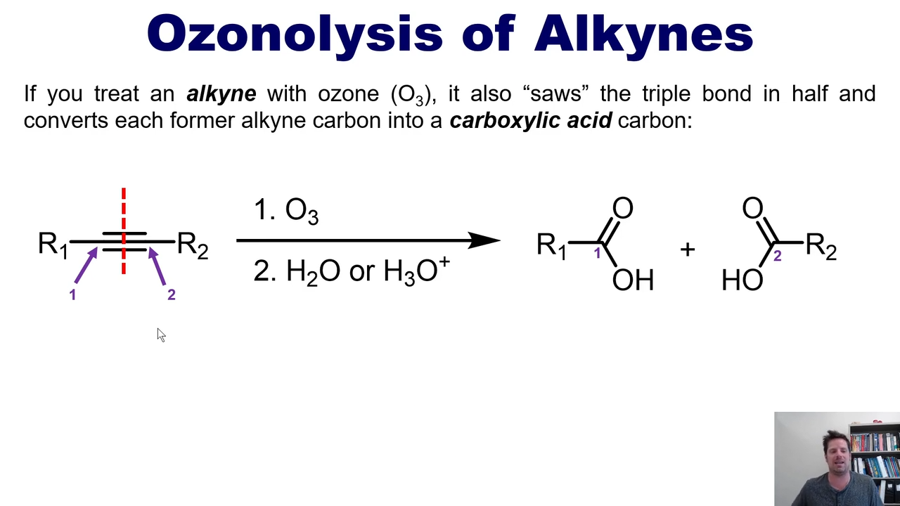 <p>two alkyne carbons turn into carboxylic acids </p>