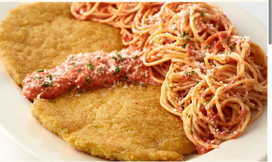 <p>Breast of Chicken Coated with a Romano-Parmesan Cheese Crust. Served with Pasta in a Light Tomato Sauce</p>