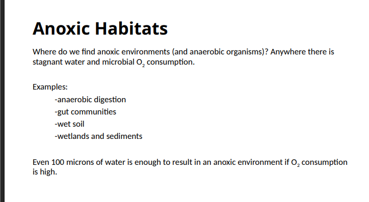 <ol><li><p>Anaerobic digestion </p></li><li><p>Gut communities</p></li><li><p>Wet soil</p></li><li><p>Wetlands and sediments</p></li></ol><p>Even 100 microns of water is enough to result in an anoxic environment if O2 consumption is high</p><p></p>