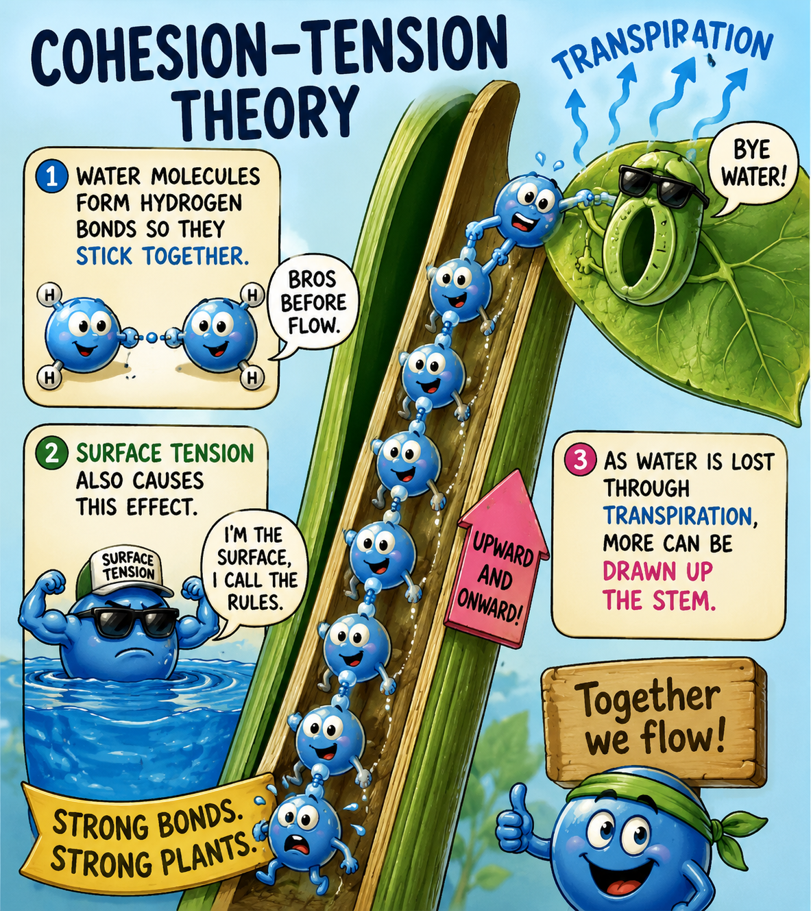 <p>water molecules form hydrogen bonds so they stick together</p><p>surface tension also causes this effect</p><p>as water is lost through transpiration more can be drawn up the stem</p>