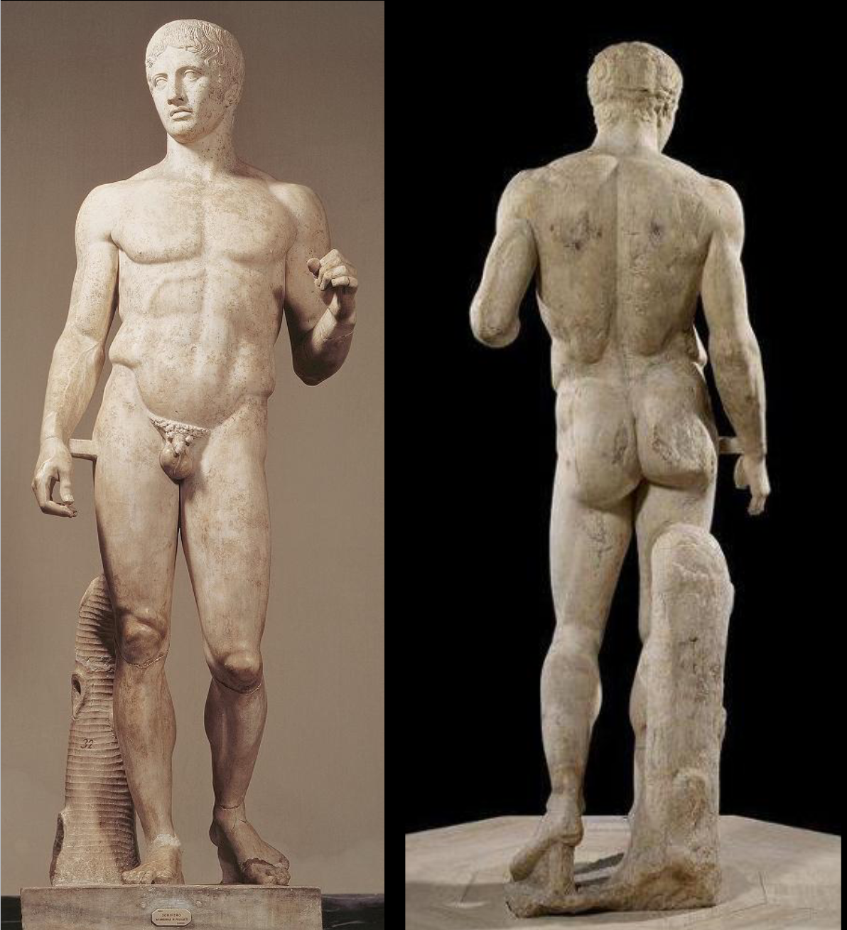 <p>Doryphoros (spear-bearer), by Polykleitos</p><p>Roman marble copy after the original bronze of</p><p>c. 450 – 440 BCE</p><p>Museo Archaeològico Nazionale, Naples, Italy</p>